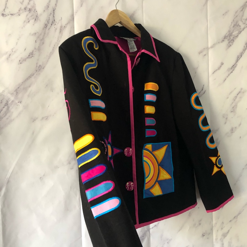 VINTAGE INDIGO MOON RETRO FUNKY EMBROIDERED BLAZER JACKET - Picture 3 of 11